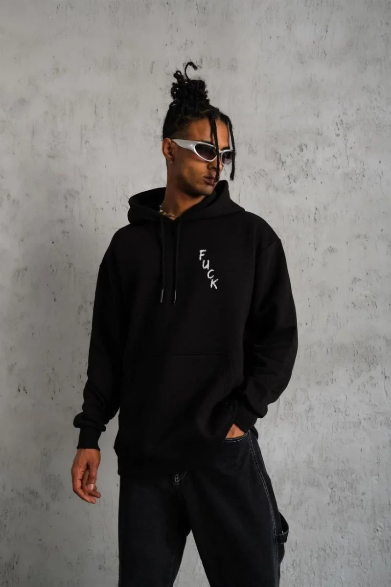 Kapşonlu Uzun Kol Baskılı Sweetshirt - Siyah -