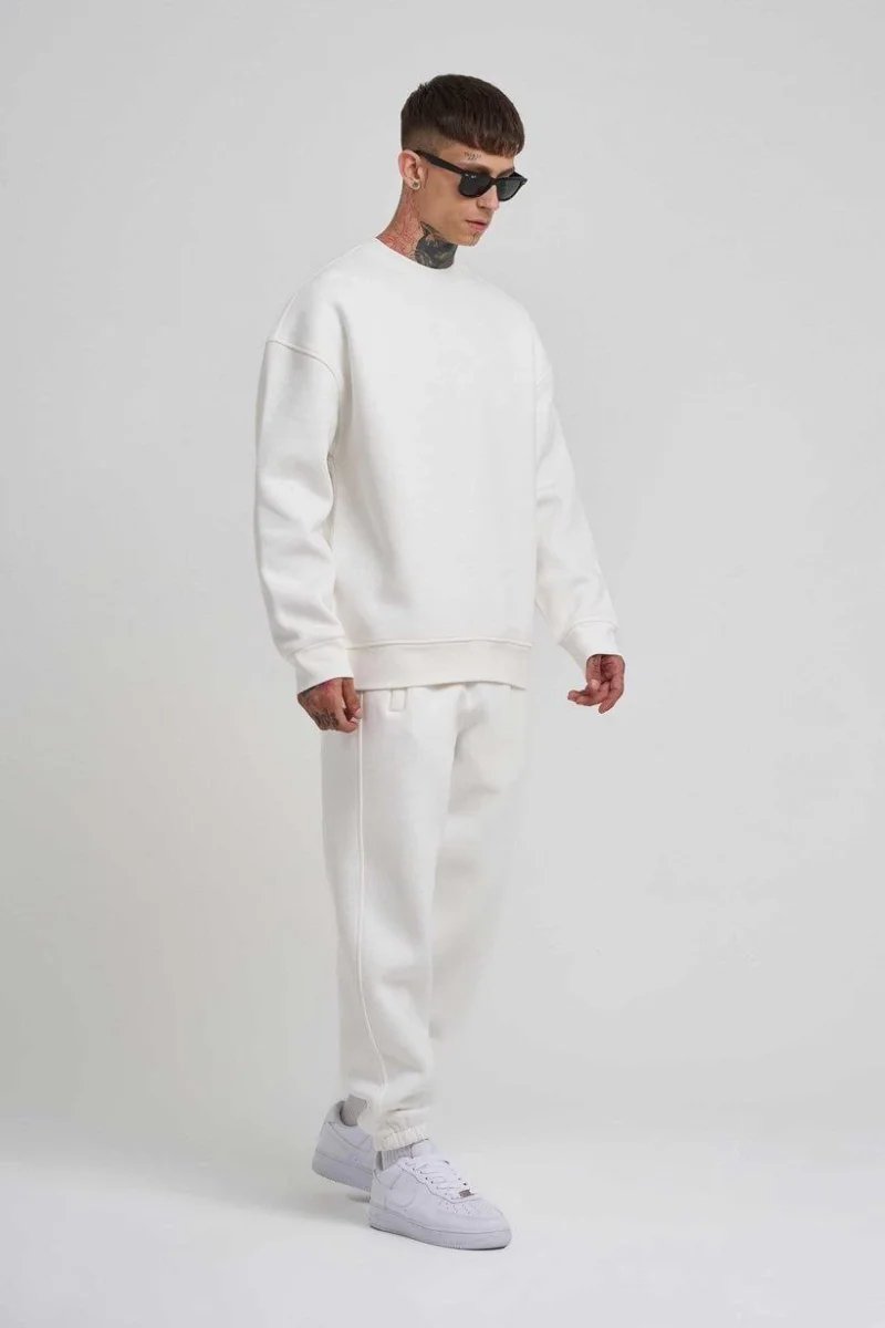 Biskilet Yaka Üç İplik SweatShirt - Beyaz -