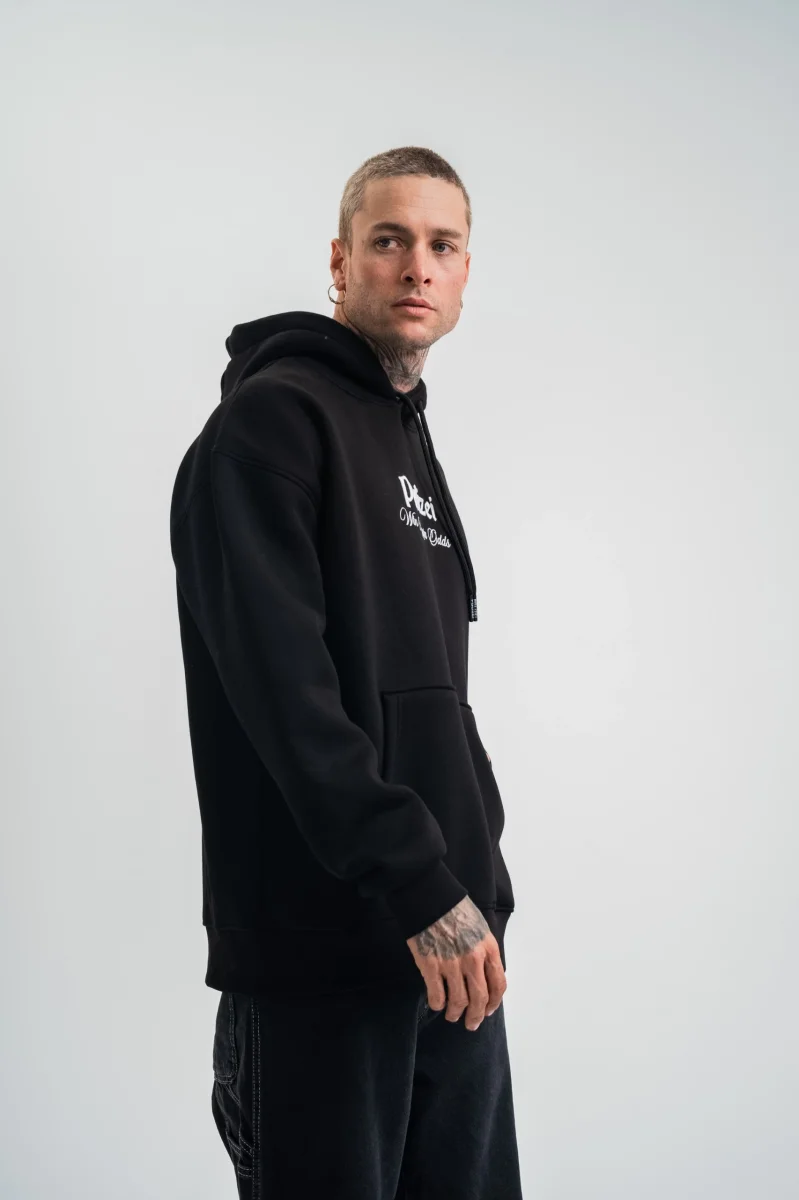 Üç İplik Kapşonlu Dijital Patchli SweatShirt - Siyah -