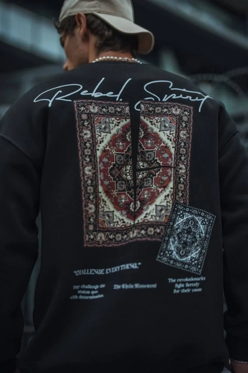 Uzun Kol Bisiklet Yaka Baskılı SweatShirt - Siyah -