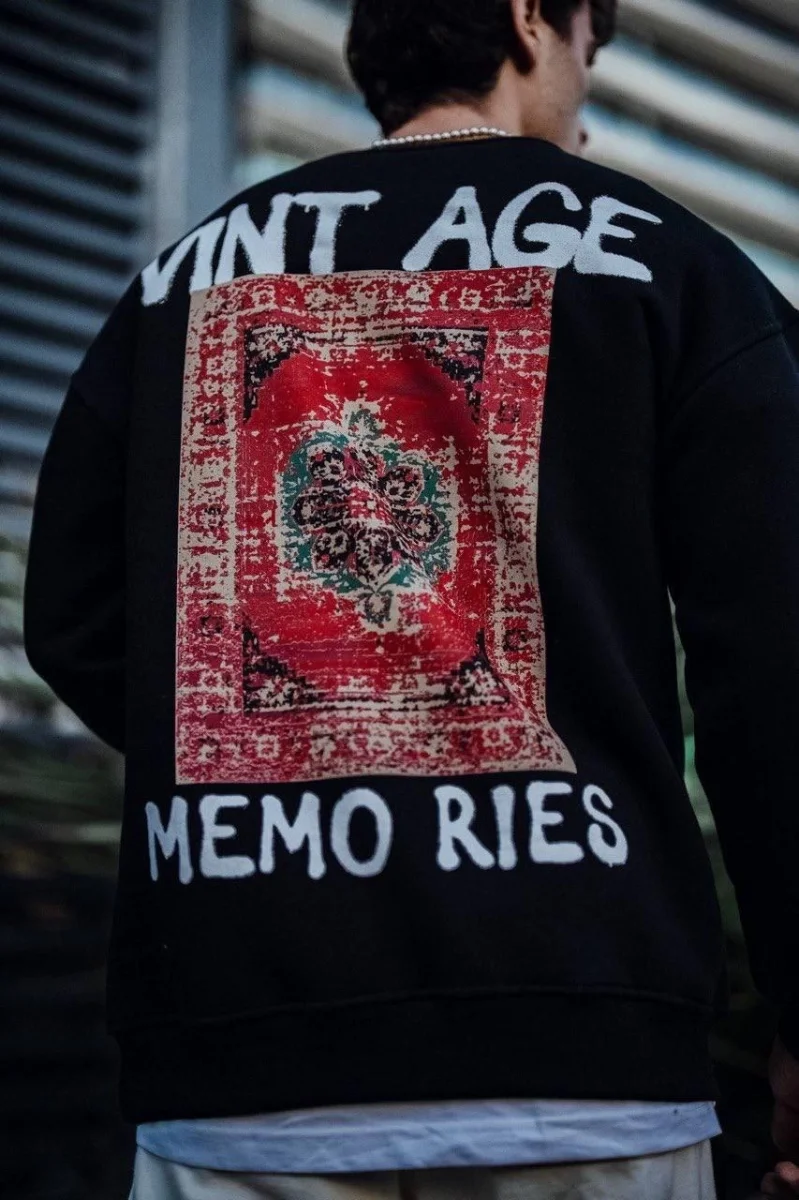 Oversize Bisiklet Yaka Üç İplik Baskılı SweatShirt - Siyah -