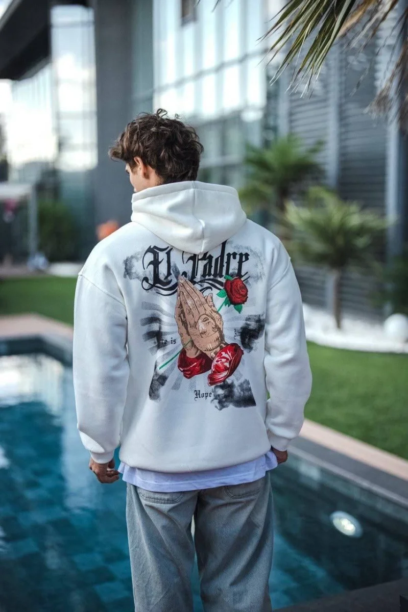 Üç İplik Penye Kapşonlu Baskılı SweatShirt - Beyaz -