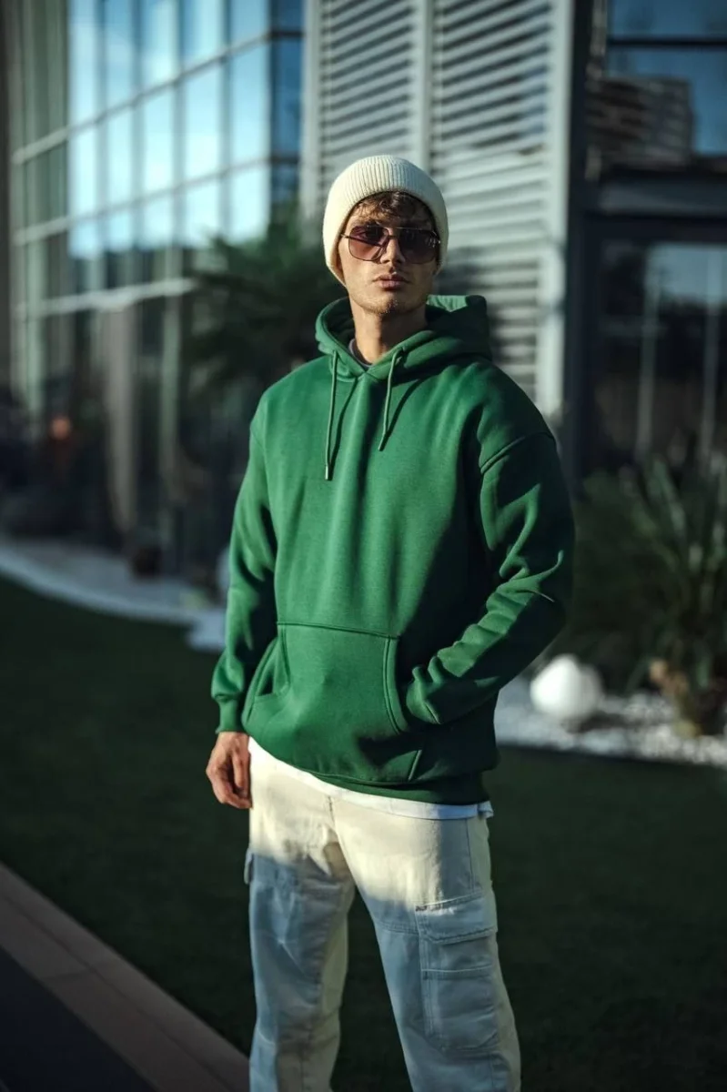 Üç İplik Penye Kapşonlu Basic SweatShirt - Haki -