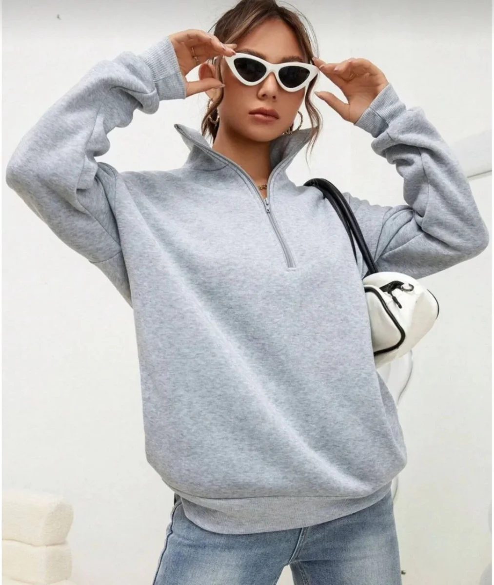 Uzun Kol Yarım Farmuarlı Yakalı Basic SweatShirt - Gri -