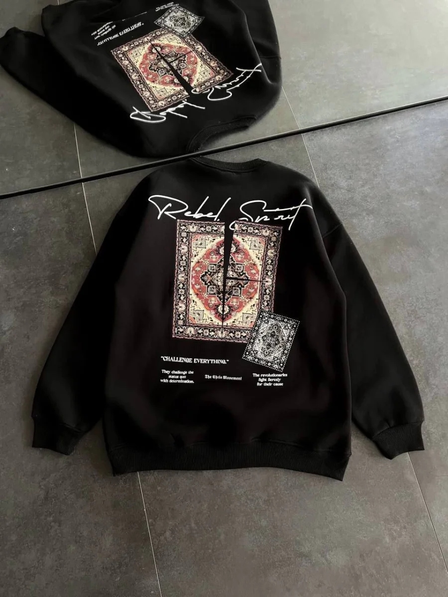 Bisiklet Yaka Baskılı SweatShirt - Siyah -