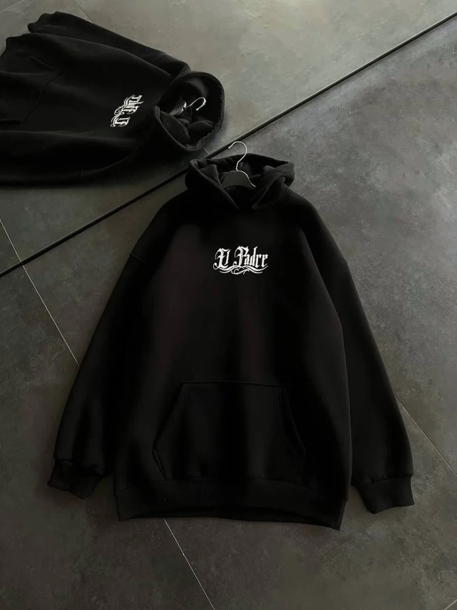 Üç İplik Penye Uzun Kol Kapşonlu Baskılı SweatShirt - Siyah -