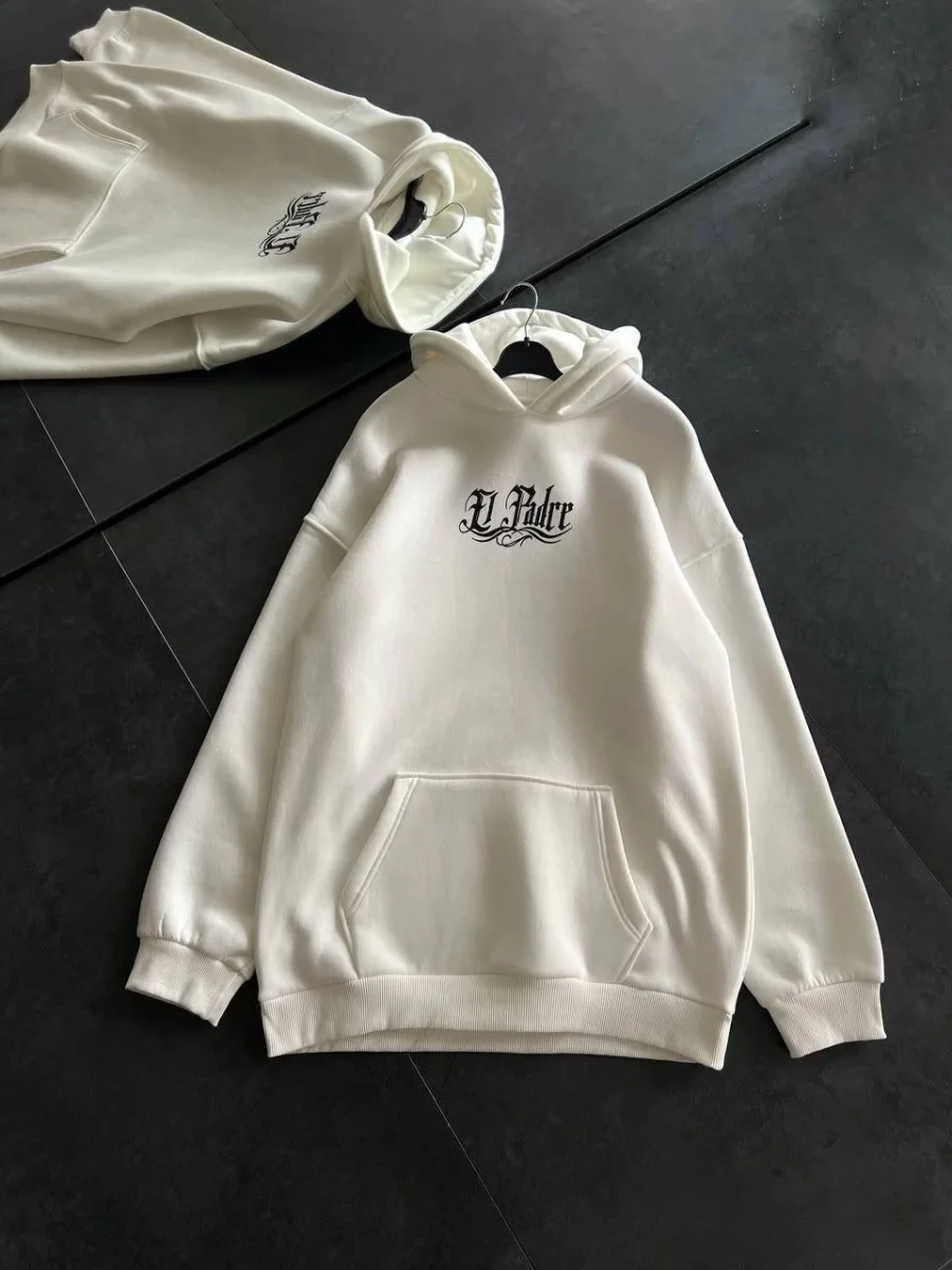 Üç İplik Penye Uzun Kol Kapüşonlu Baskılı SweatShirt - Beyaz -