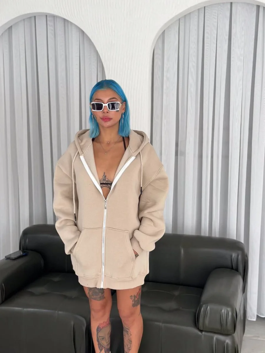 Oversize Tam Fermuarlı Uzun Kol Hırka - Bej -