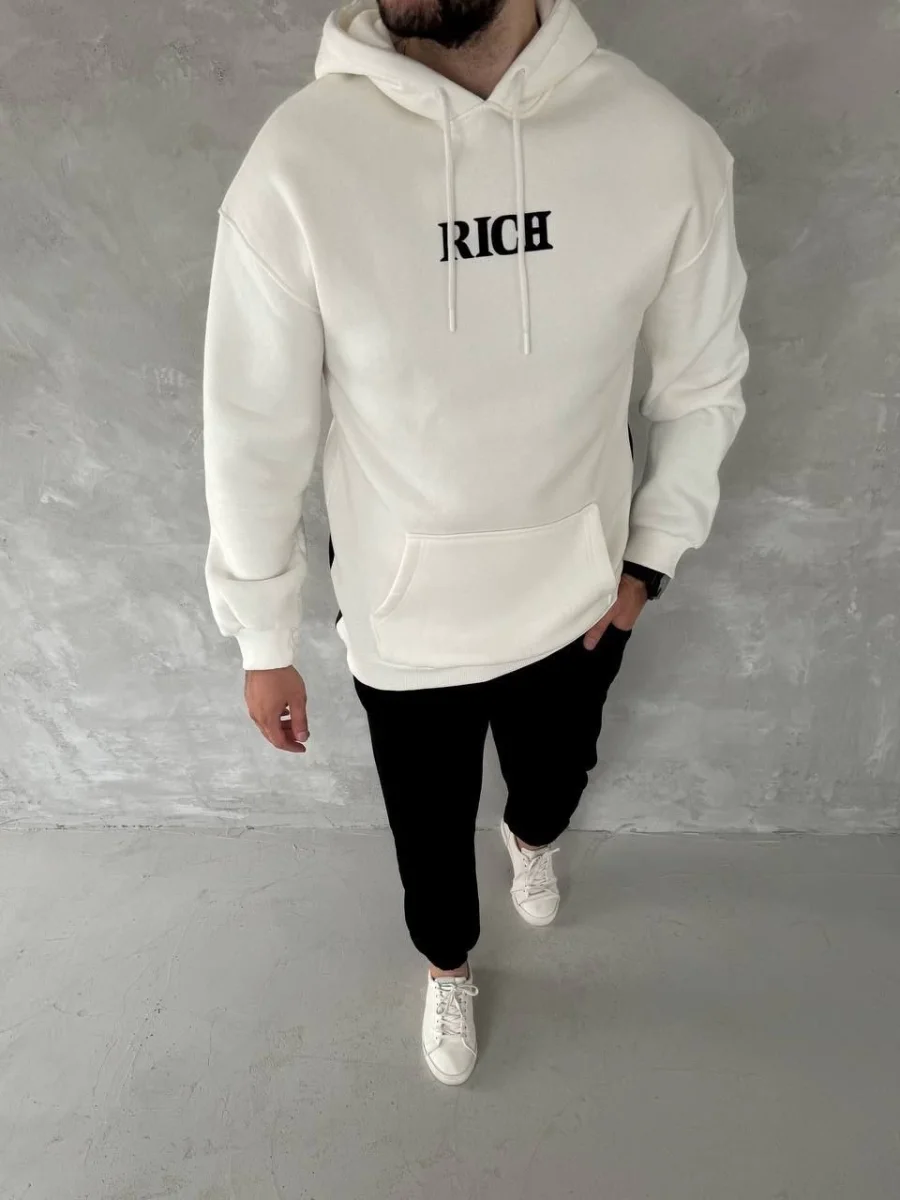 Uzun Kol Kapüşonlu Göğüs Baskılı SweatShirt - Beyaz -
