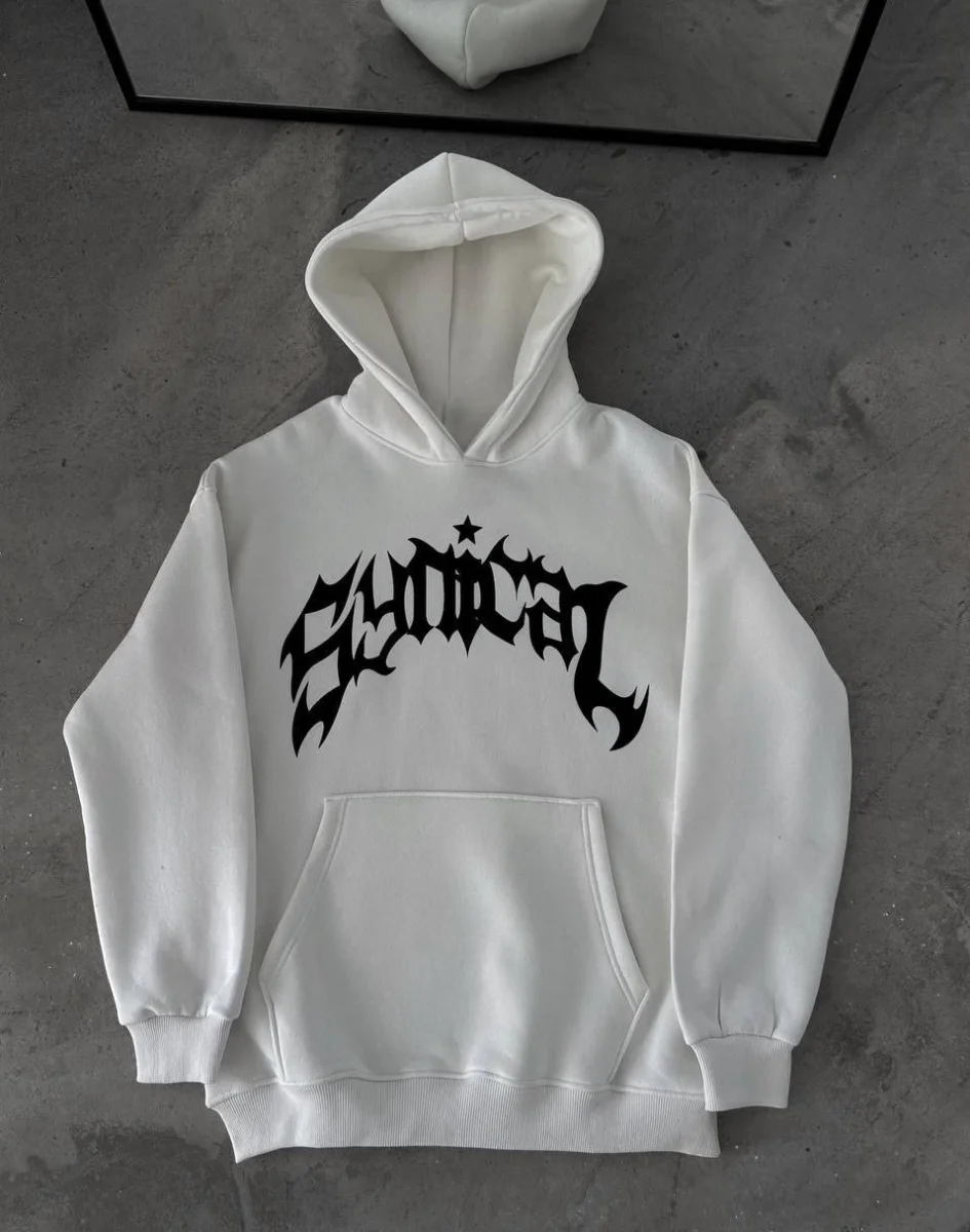 Kışlık Kapüşonlu Baskılı Oversize SweatShirt- Beyaz -