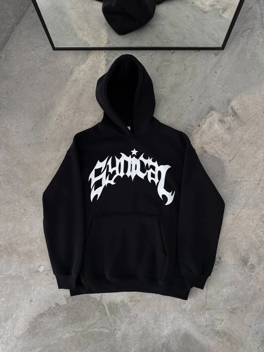 Kışlık Kapüşonlu Baskılı Oversize SweatShirt- Siyah -