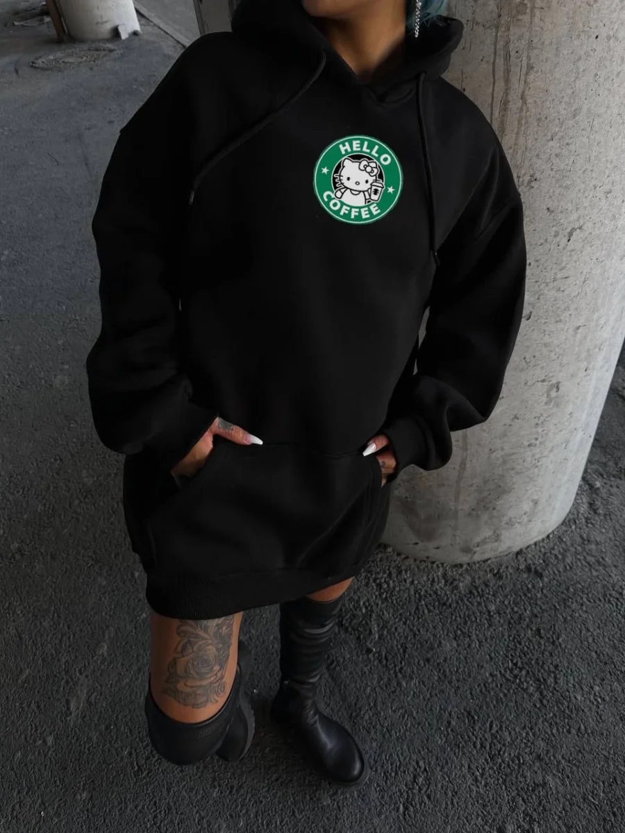 Üç İplik Penye Uzun Kol Kapüşonlu SweatShirt - Siyah -