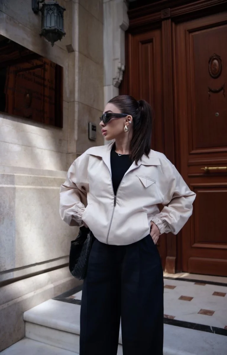 Fermuarlı Gömlek Yaka Bomber Ceket - Beyaz -