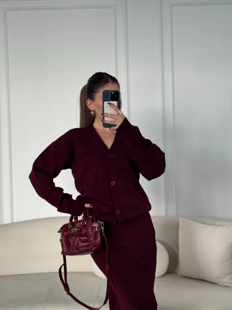 V Yaka 3 Düğmeli Hırka Takım Triko İkili Etekli - Bordo -