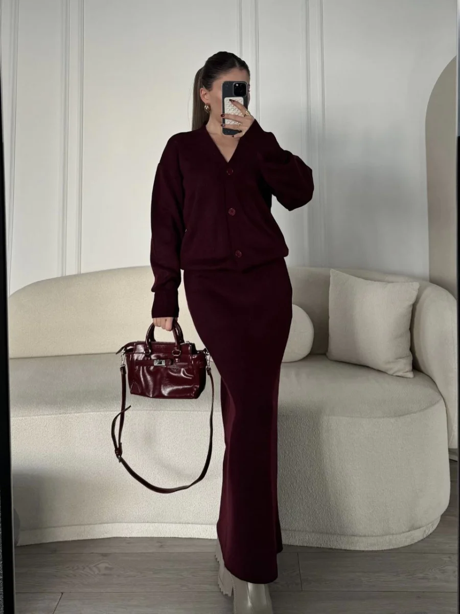 V Yaka 3 Düğmeli Hırka Takım Triko İkili Etekli - Bordo -