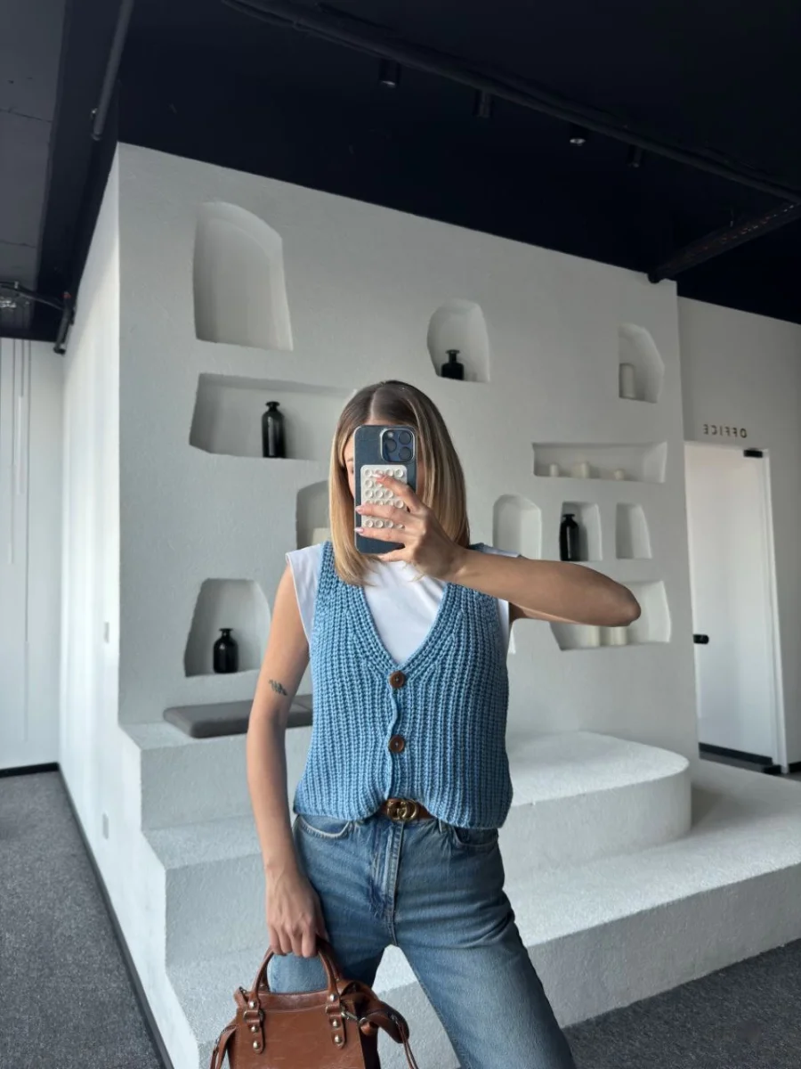 Triko Kolsuz Düğmeli Yelek - Mavi -