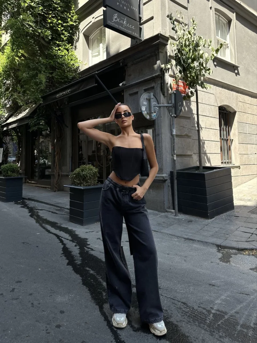 Arkadan Yırtmaçlı Jeans Kot Palazzo Pantolon - Siyah -