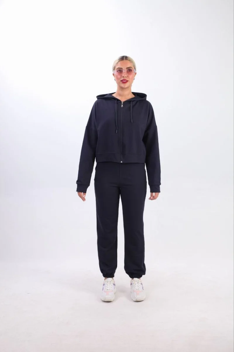 iki iplik Kapüşonlu Fermuarlı Crop Oversize Hırka Takım- Lacivert -