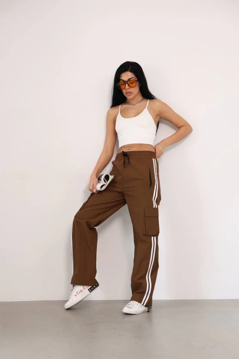 Praşut Kumaş Kargo Çeplı Baggy Esofman - Kahve -