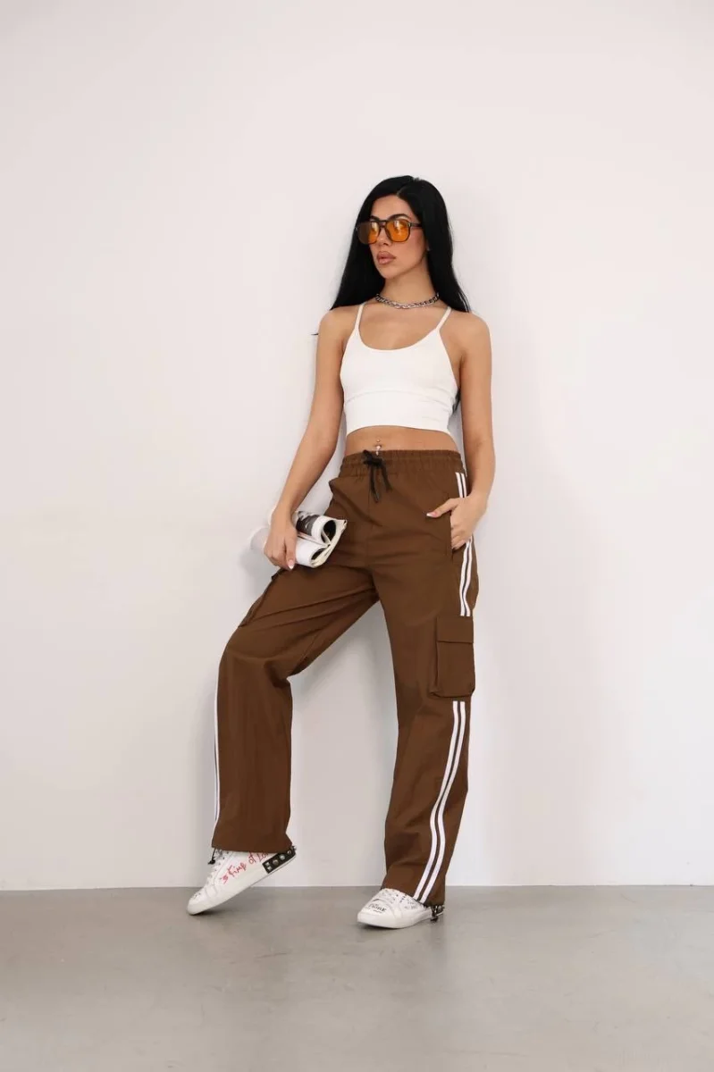 Praşut Kumaş Kargo Çeplı Baggy Esofman - Kahve -