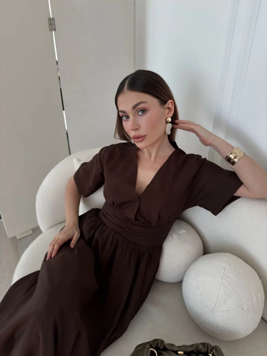 Kısa Kollu Uzun Elbise - Kahve -