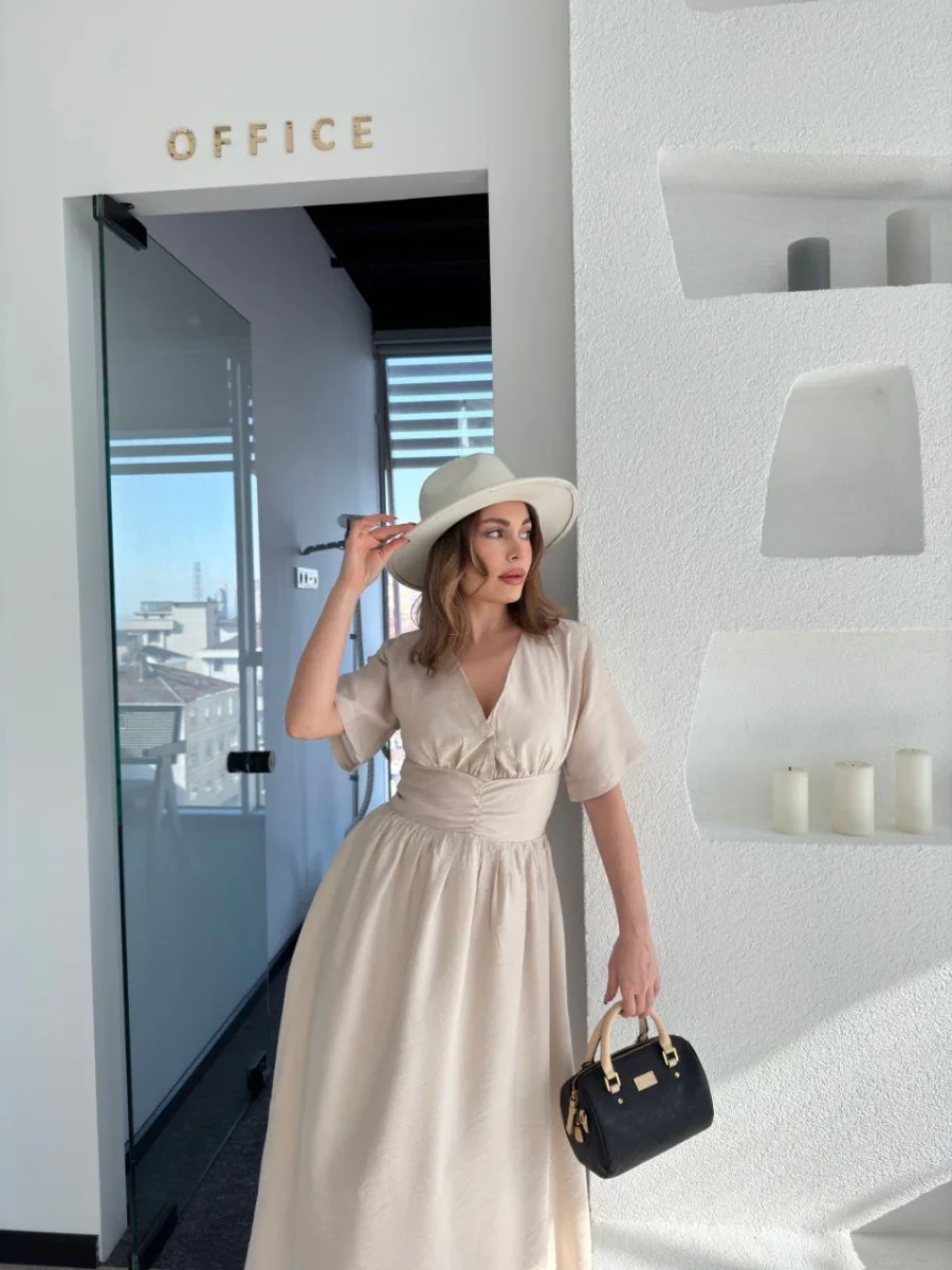 Kısa Kollu Uzun Elbise - Kırık Beyaz -