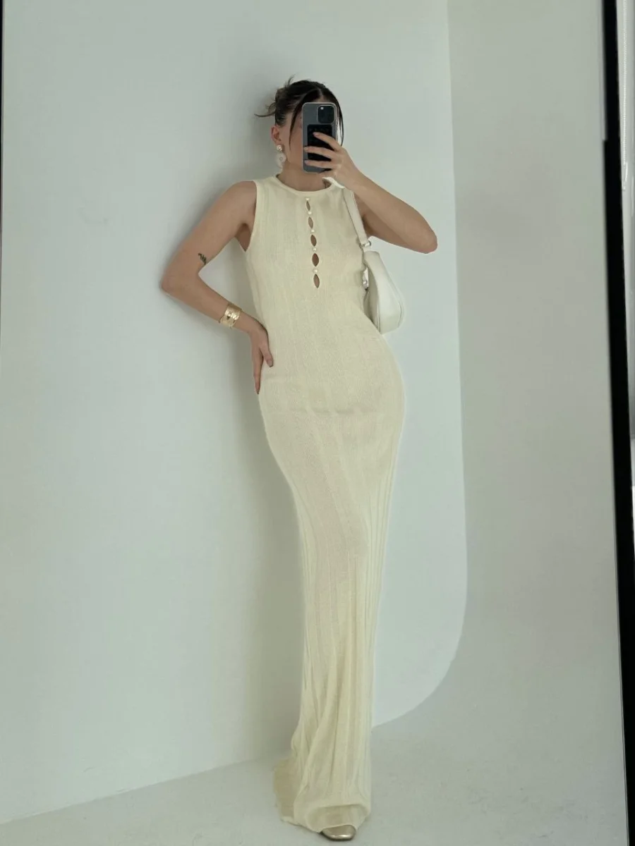 Kalın Fitilli Uzun Triko Elbise - Kırık Beyaz -