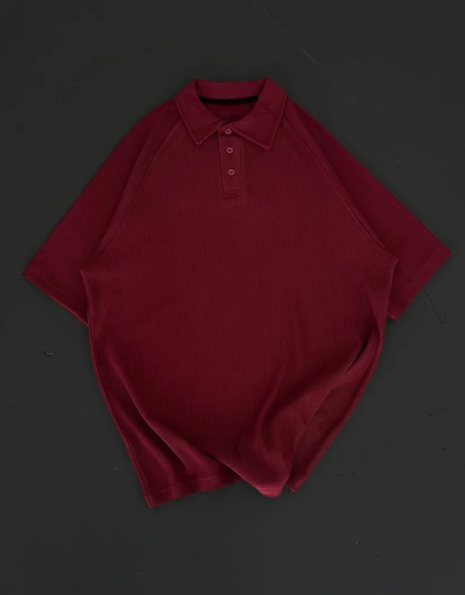 Yakalı Patlı Kısa Kol T-shirt - Bordo -