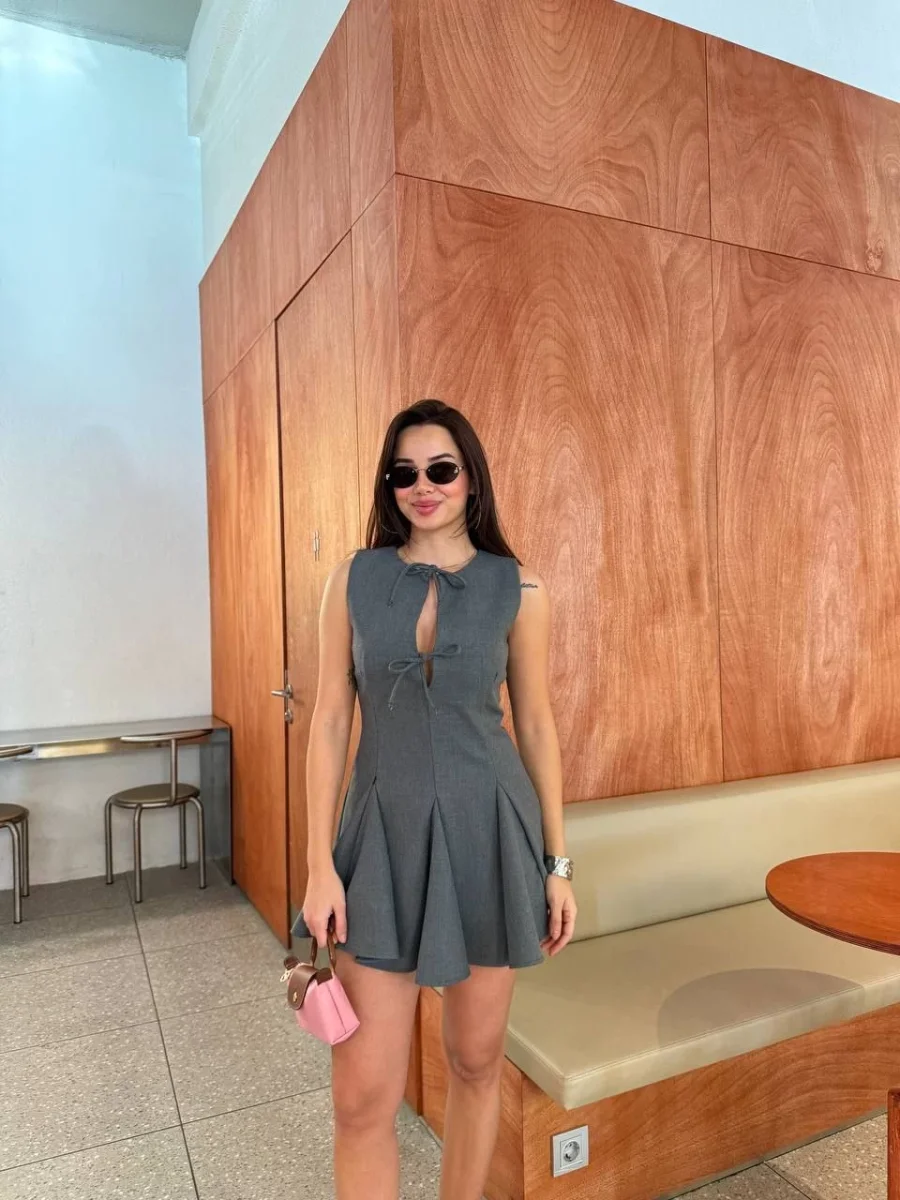 Bağcık detaylı Kolsuz Mini Elbise - Antrasit -