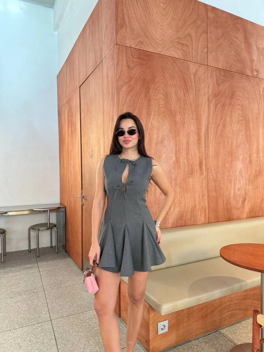 Bağcık detaylı Kolsuz Mini Elbise - Antrasit -