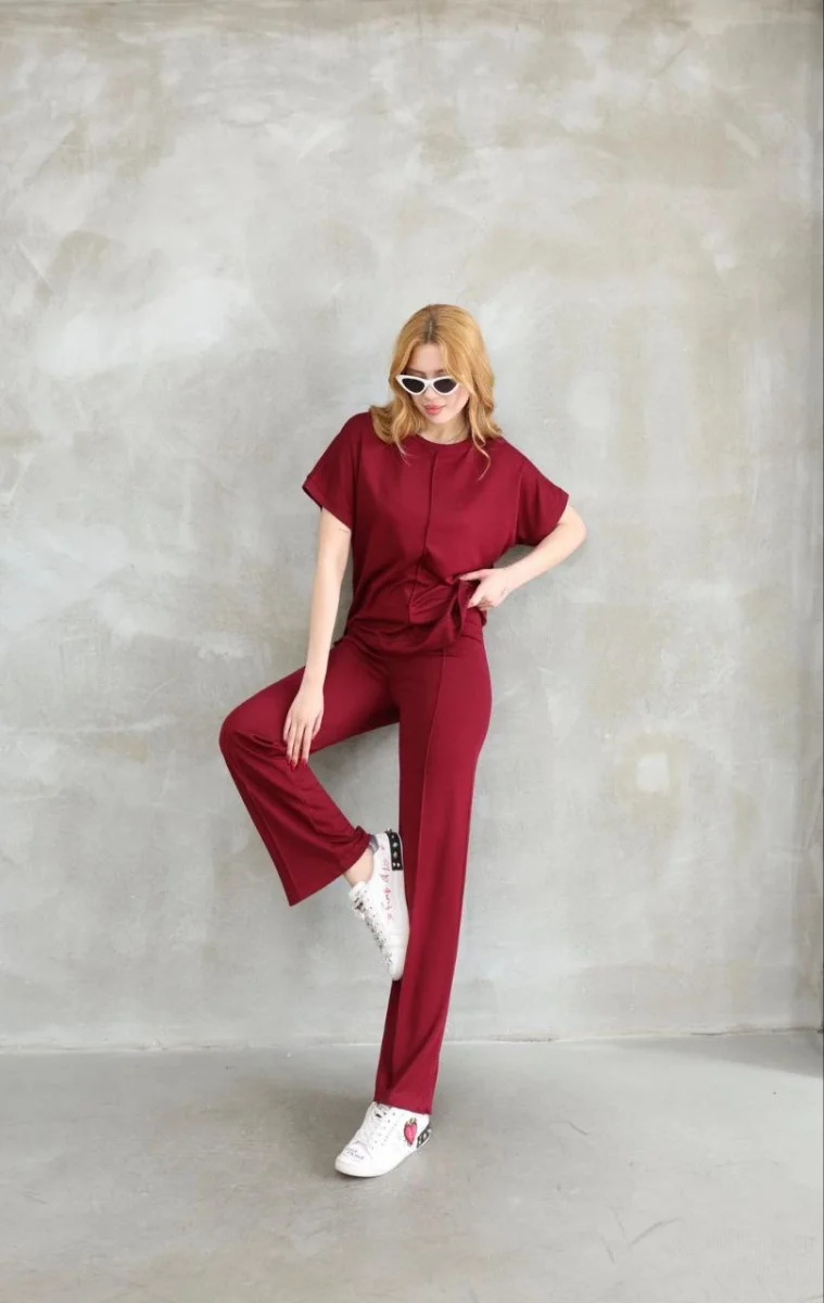 Osy Modal Yumuşak dokulu Kumaş Bisiklet Yaka Kısa Kollu Takım - Bordo -