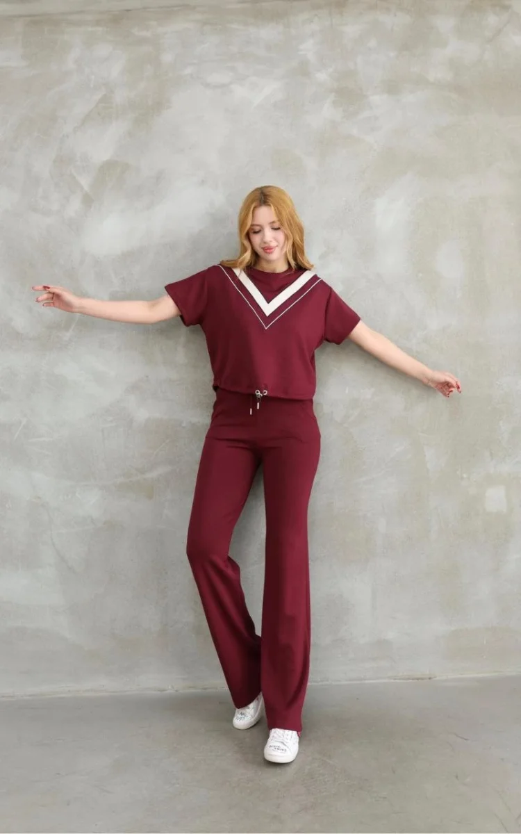 Osy Modal Yumuşak dokulu Kumaş Bisiklet Yaka Parçalı detaylı Kısa Kollu Takım - Bordo -