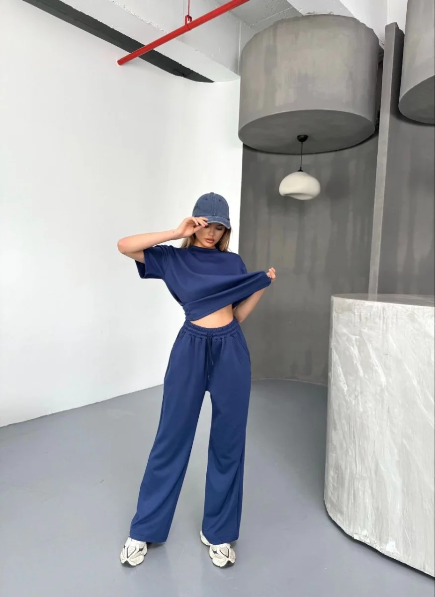 Osy Modal Yumuşak Dokulu Kumaş Kısa Kollu Bluz Rahat Pantalon ikili Takım- Lacivert -