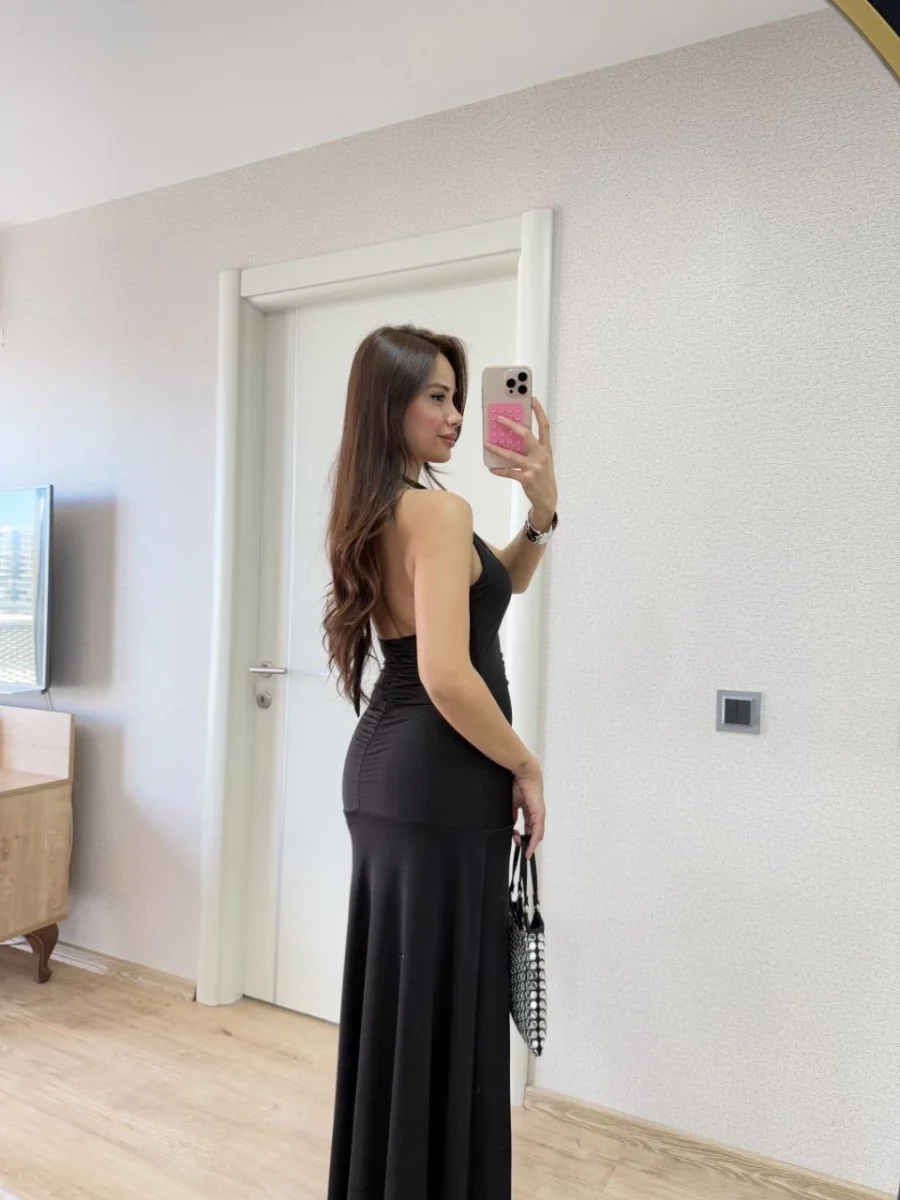 Sırt dekolteli Uzun Elbise - Siyah -