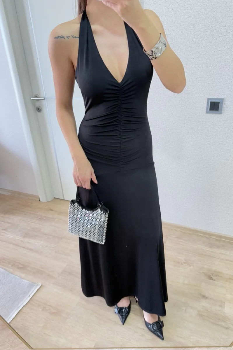 Sırt dekolteli Uzun Elbise - Siyah -