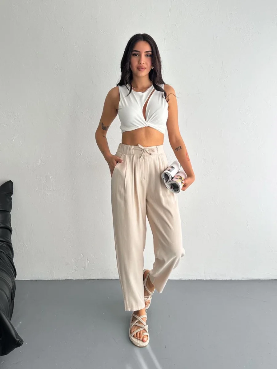 Yüksel Bel Beli Bağcıklı Rahat Boru Paça Pantalon - Kırık Beyaz -