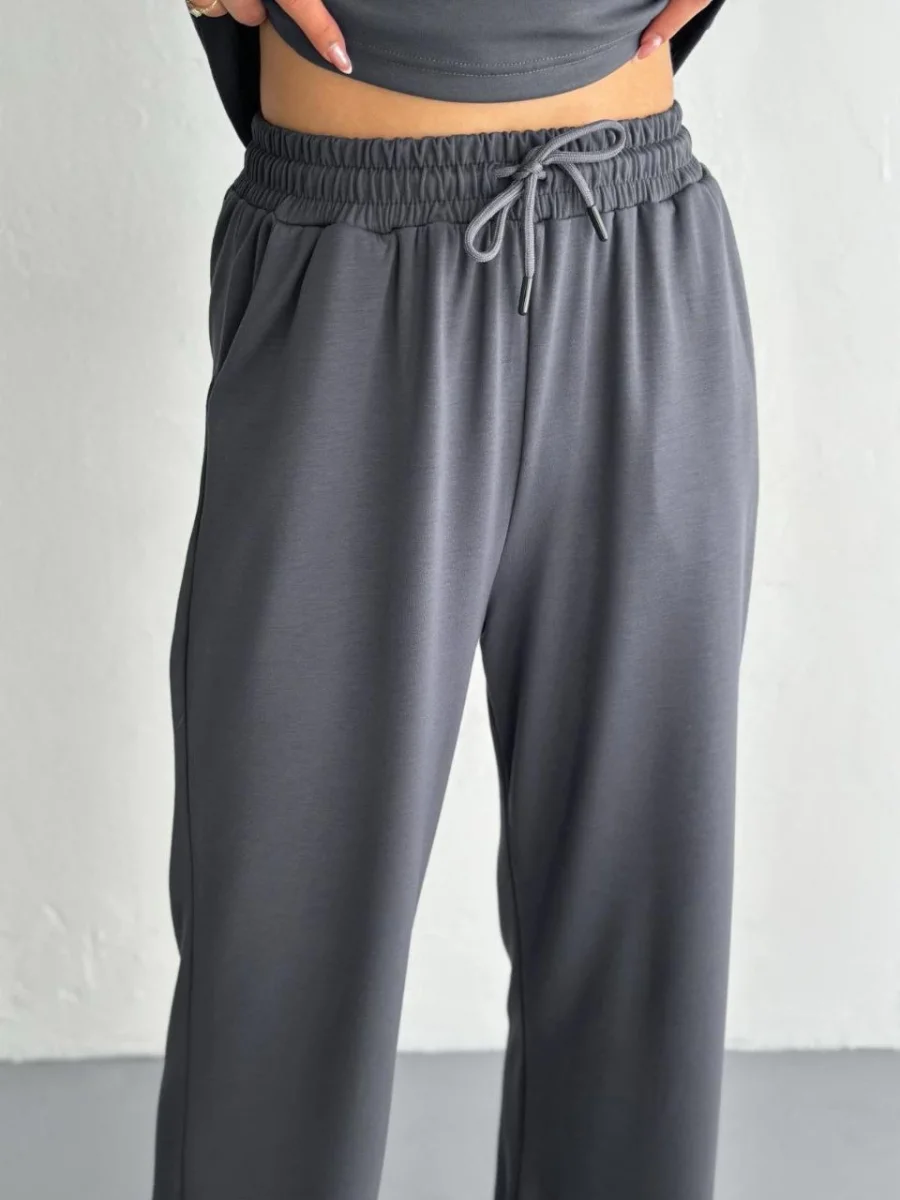 Osy Modal Yumuşak Dokulu Kumaş Kısa Kollu Yakalı T-shirt Pantalon ikili Takım- Antrasit -