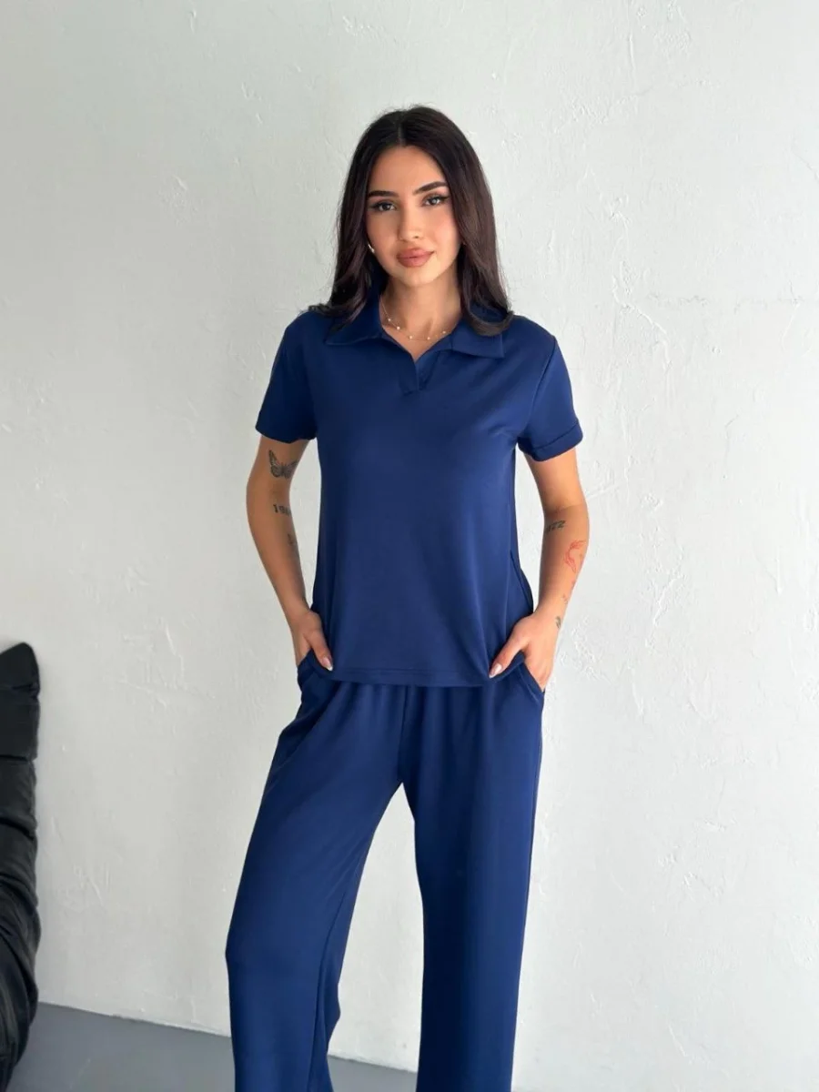 Osy Modal Yumuşak Dokulu Kumaş Kısa Kollu Yakalı T-shirt Pantalon ikili Takım- Lacivert -