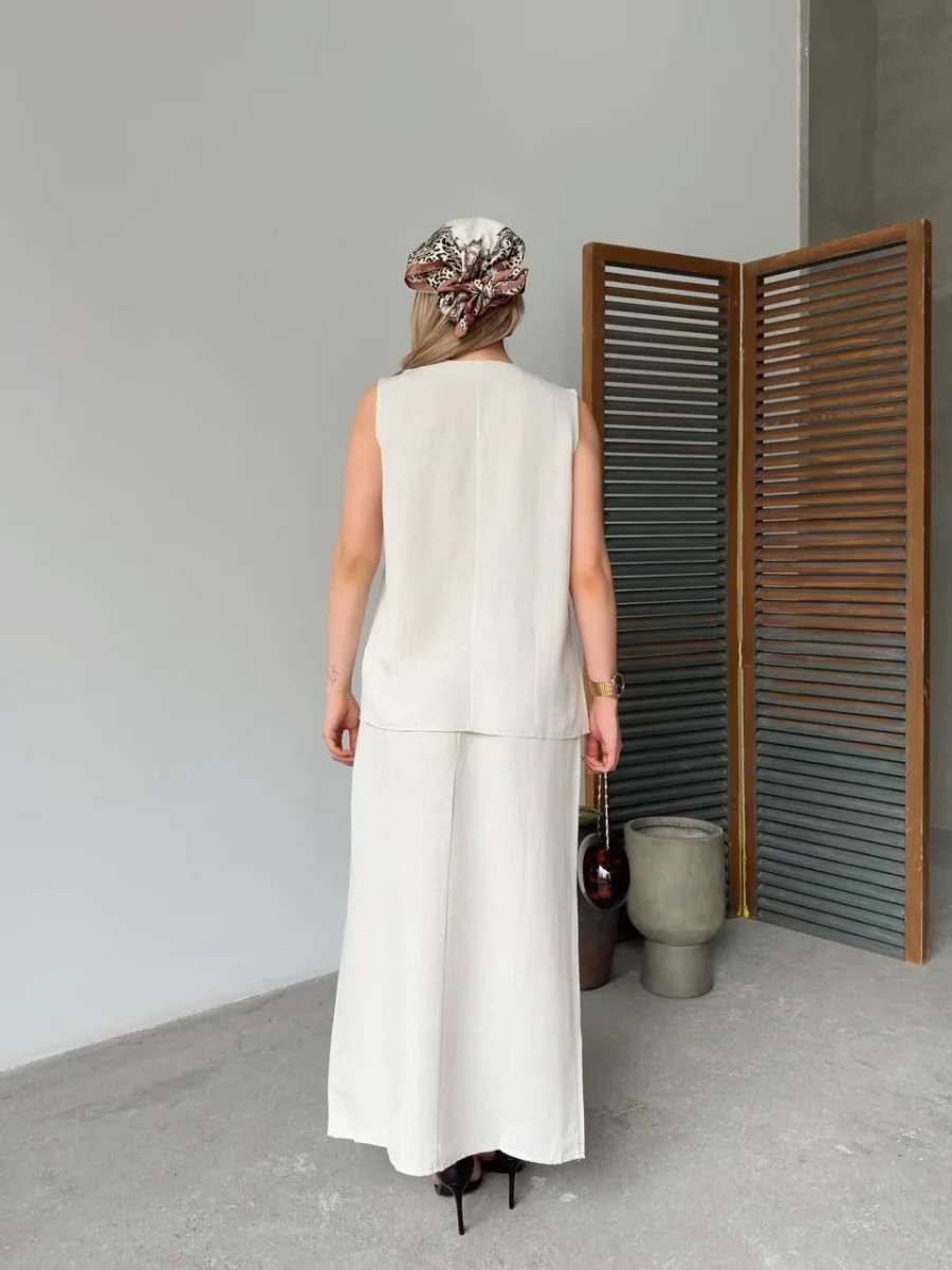 Keten Kolsuz Sıfır Yaka İlik Düğmeli Kolsuz Hırka Etek ikili Takım- Beyaz -