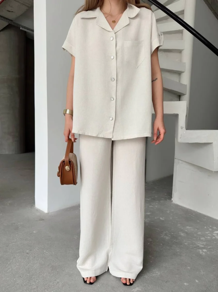 Keten Kısa Kollu Cepli Gömlek Pantolon ikili Takım - Beyaz -