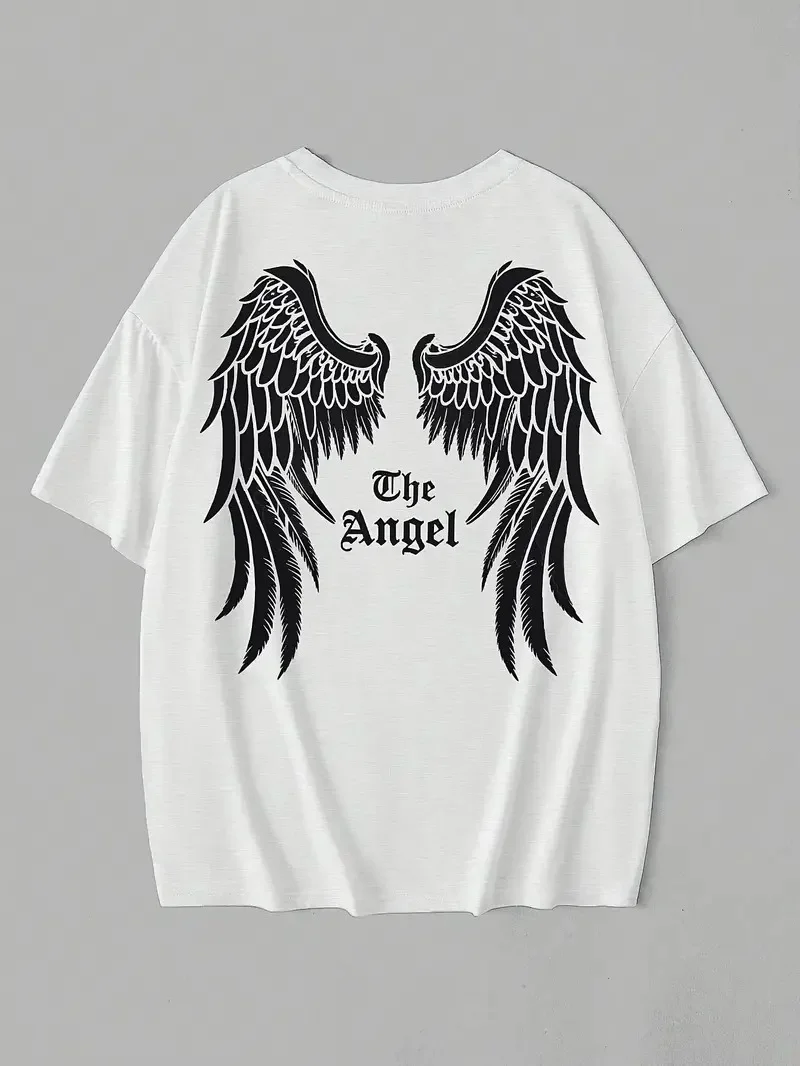 20/1 Penye Compack Dark Angel Baskılı Oversize Kısa Kol Yazlık T-shirt- Beyaz -