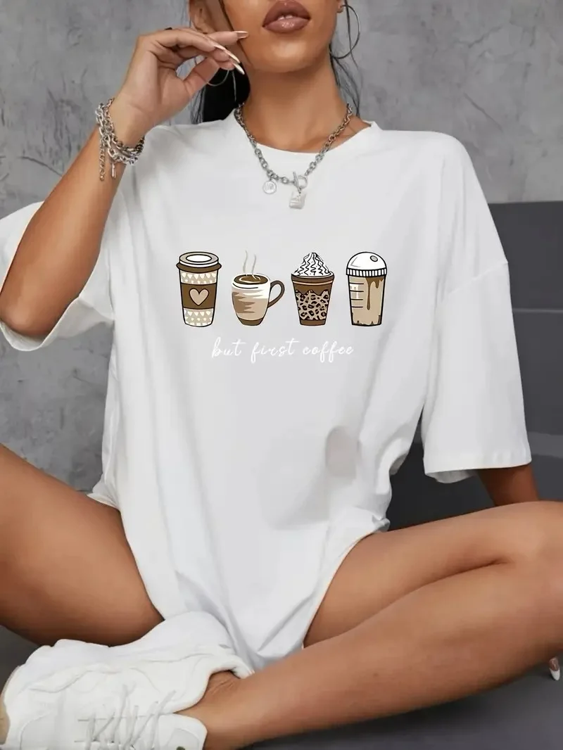 20/1 Penye Compack Baskılı Oversize Kahve Desenli   Kısa Kol T-shirt - Beyaz -