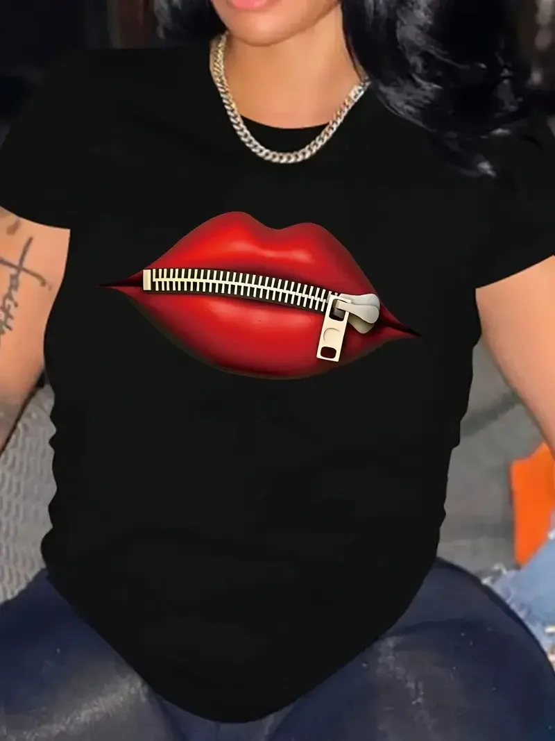 fermuar dudak baskılı tişört bisiklet yaka kısa kollu tişört - Siyah -