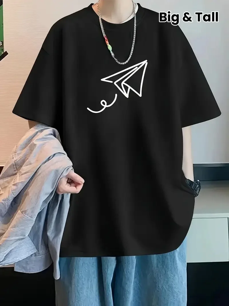 20/1 Penye Compack Uçak Baskılı Oversize Bisiklet Yaka Kısa Kol T-shirt - Siyah -