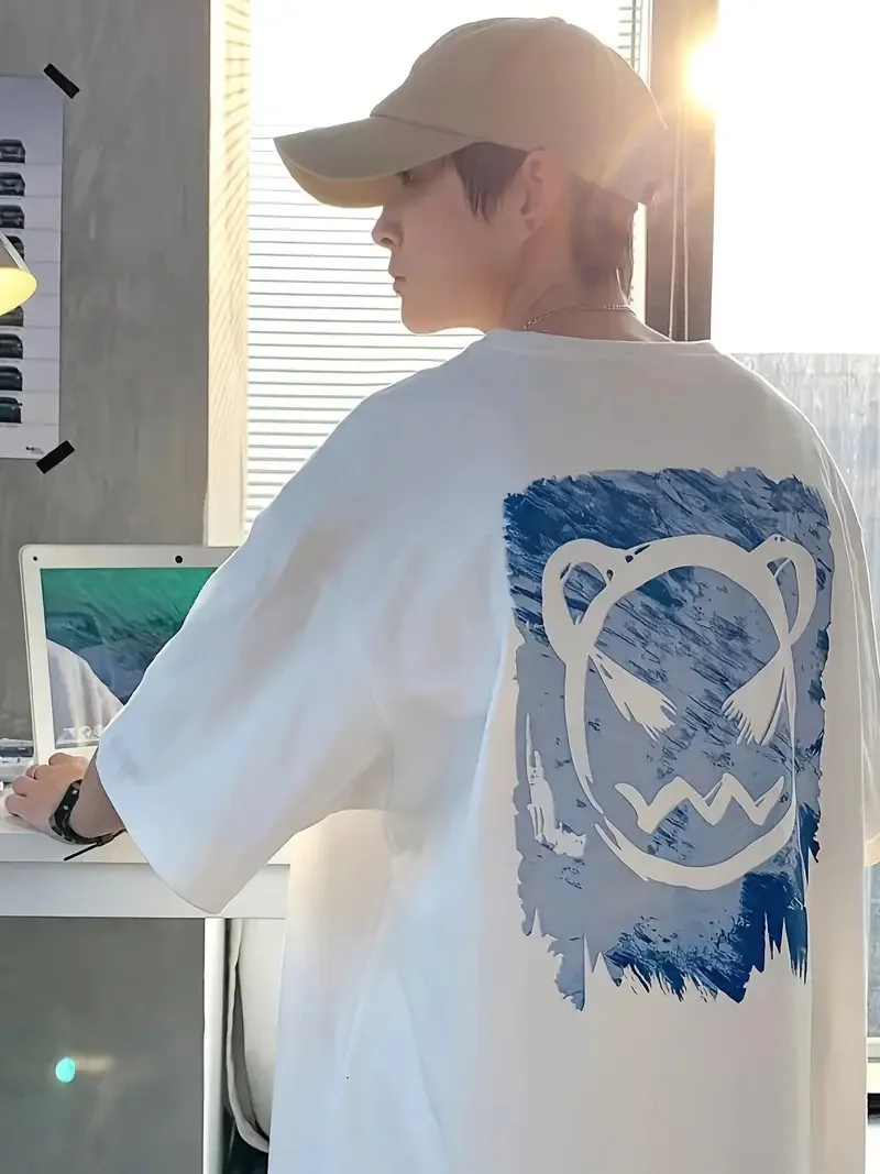 20/1 Penye Compack Bisiklet Yaka Kore tarzı sevimli ayı baskı Kısa Kol   t-shirt - Beyaz -