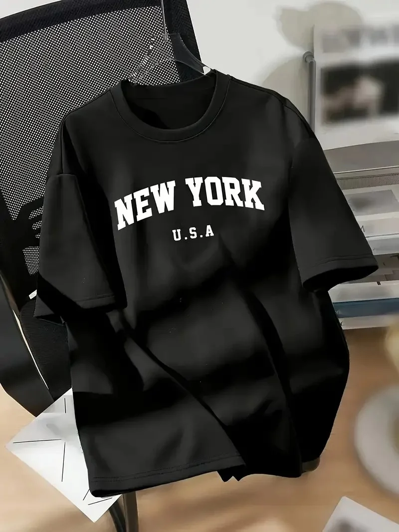 20/1 Penye Compack New York Baskılı Oversize Kısa Kol Bisiklet Yaka T-shirt - Siyah -