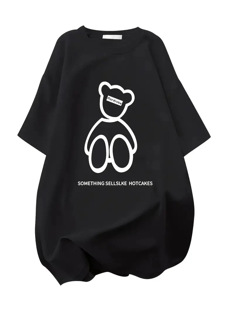 20/1 Penye Compack Ön Arka Baskılı Oversize Bisiklet Yaka T-shirt - Siyah -