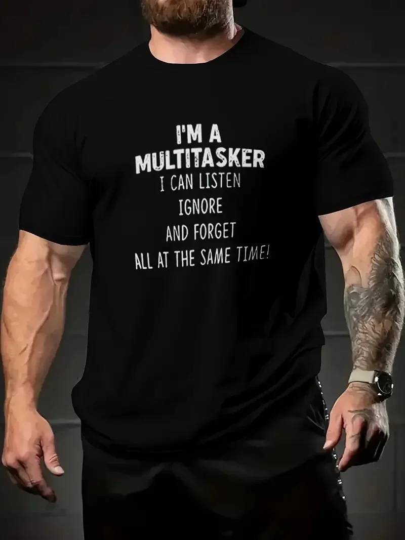 Komik 'Multitasker' Baskılı Tişört, Günlük Kısa Kollu Oversize Tişört,- Siyah -