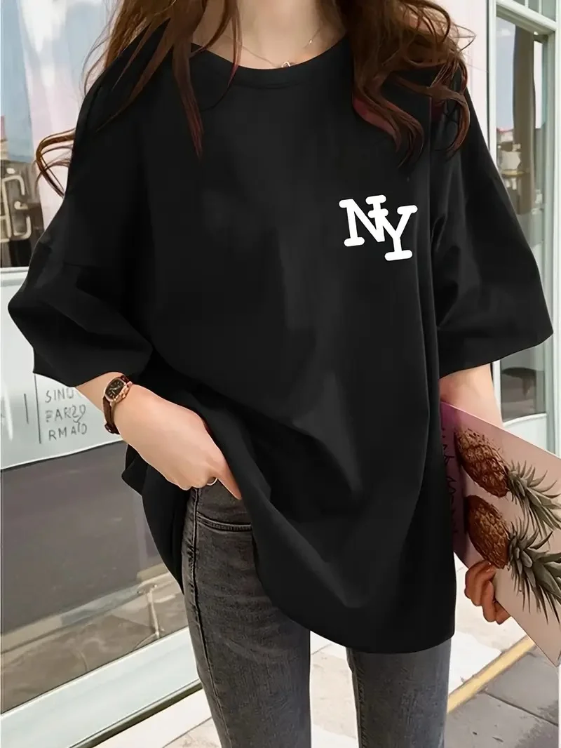 Eğlenceli Harf NY Baskılı Bisiklet Yaka Tişört - Siyah -