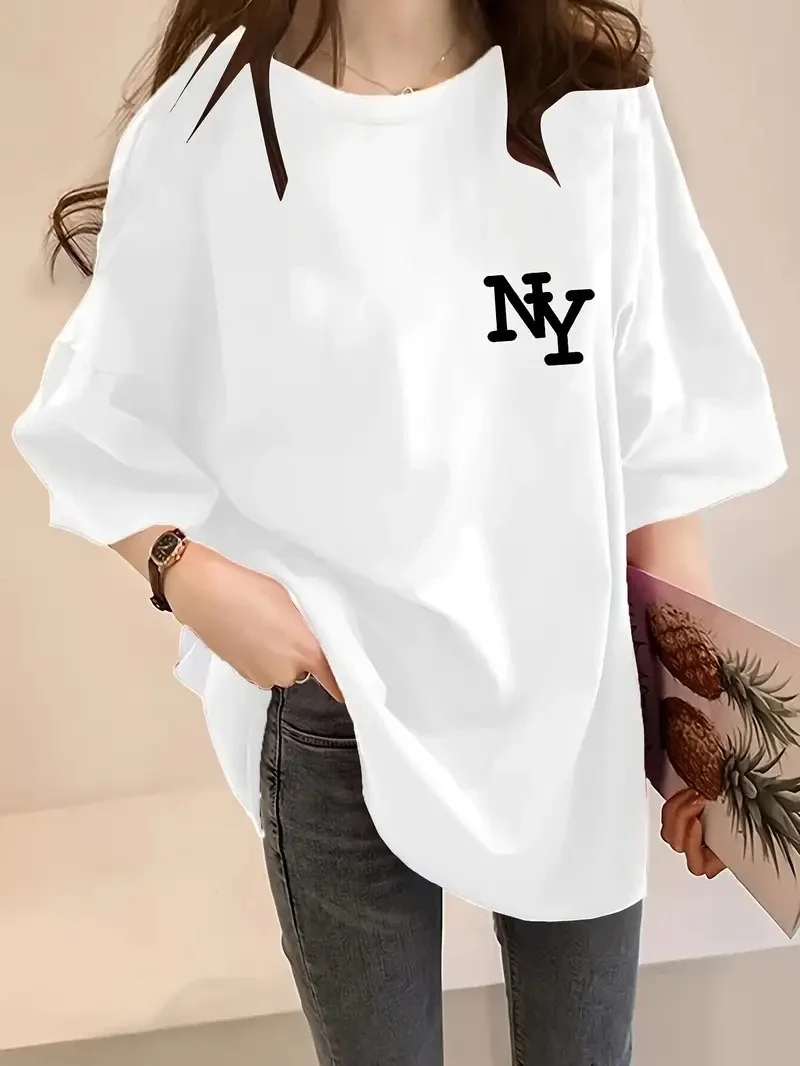 Eğlenceli Harf NY Baskılı Bisiklet Yaka Tişört- Beyaz -